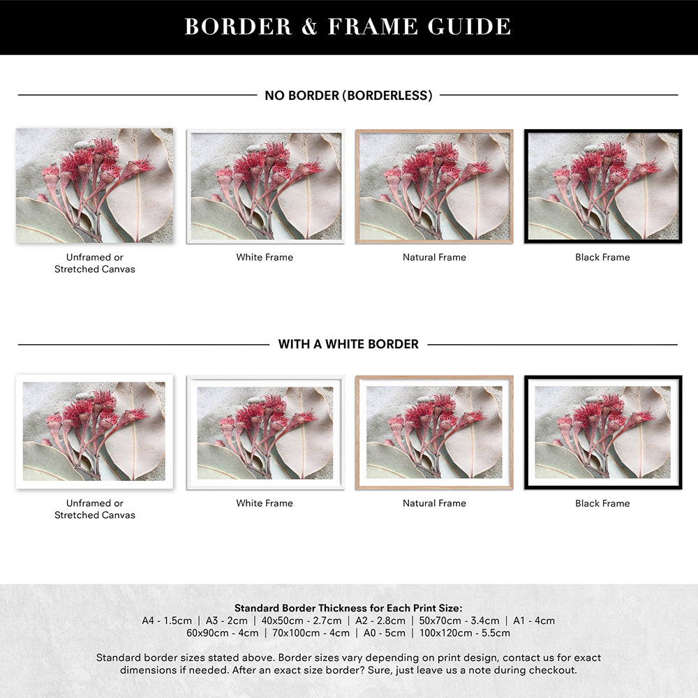 Dried Gum Flowers on the Beach Landscape - Art Print, Poster, Stretched Canvas or Framed Wall Art, Showing White , Black, Natural Frame Colours, No Frame (Unframed) or Stretched Canvas, and With or Without White Borders