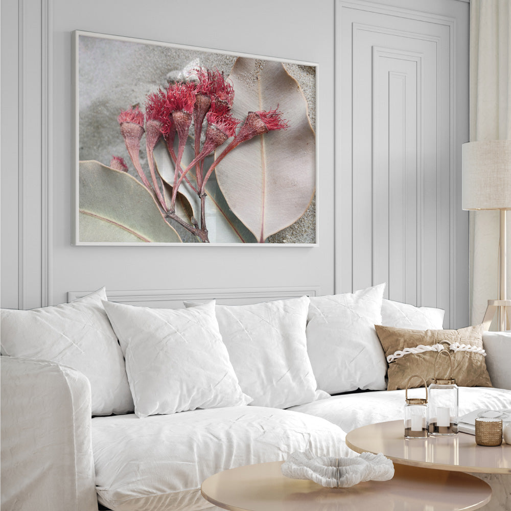 Dried Gum Flowers on the Beach Landscape - Art Print, Poster, Stretched Canvas or Framed Wall Art Prints, shown framed in a room