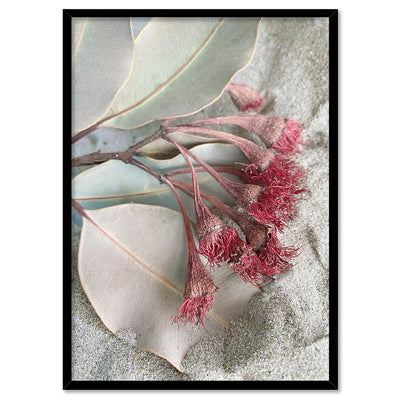 Dried Gum Flowers on the Beach - Art Print, Poster, Stretched Canvas, or Framed Wall Art Print, shown in a black frame