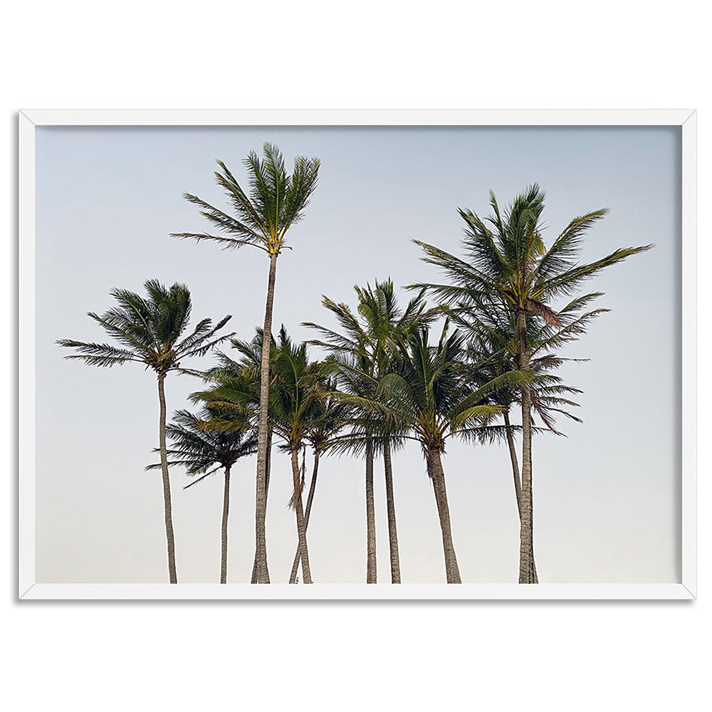Palms at Dusk - Art Print, Poster, Stretched Canvas, or Framed Wall Art Print, shown in a white frame