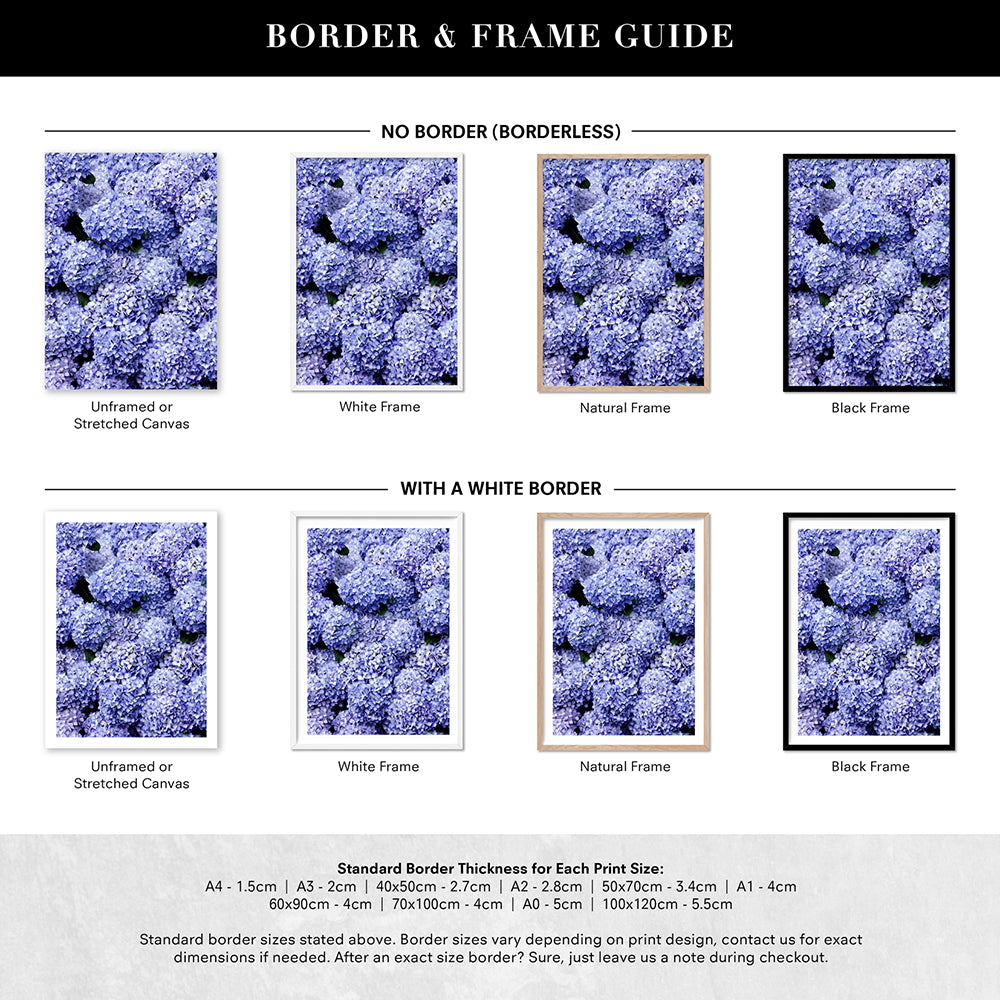 Purple Hydrangea Detail - Art Print, Poster, Stretched Canvas or Framed Wall Art, Showing White , Black, Natural Frame Colours, No Frame (Unframed) or Stretched Canvas, and With or Without White Borders