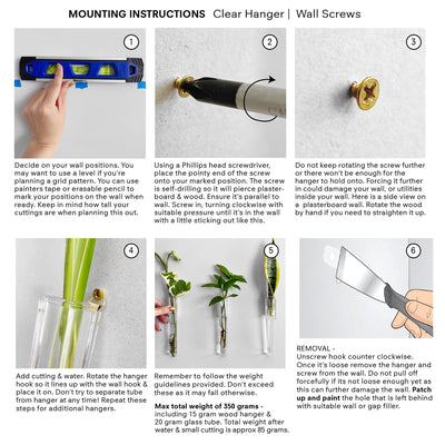 Test Tube Plant Hanger - mounting option instructions, for fixed screws going into plasterboard or timber.