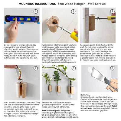 Test Tube Plant Hanger - mounting option instructions, for fixed screws going into plasterboard or timber.