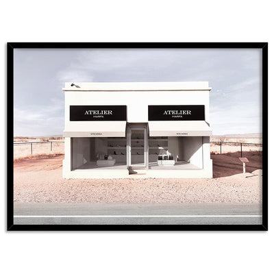 Marfa Store Texas in Blush - Art Print, Poster, Stretched Canvas, or Framed Wall Art Print, shown in a black frame