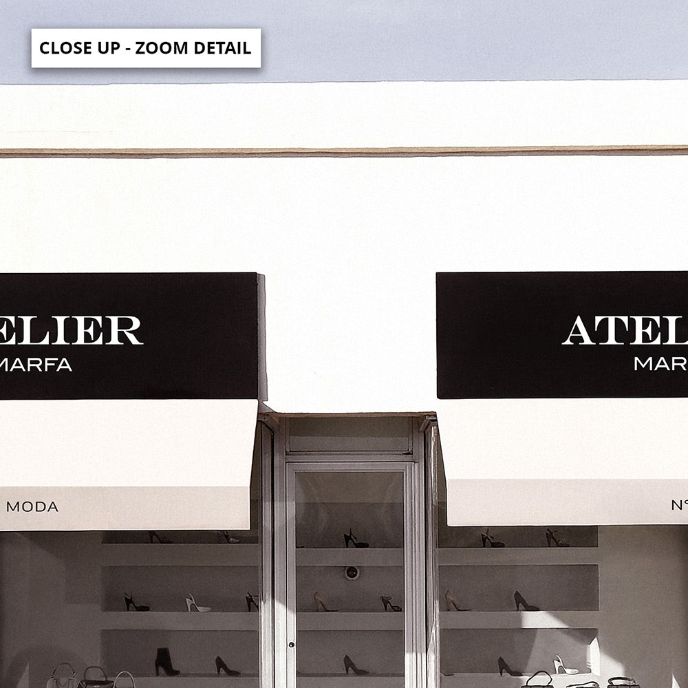 Marfa Store Texas in Blush - Art Print, Poster, Stretched Canvas or Framed Wall Art, Close up View of Print Resolution