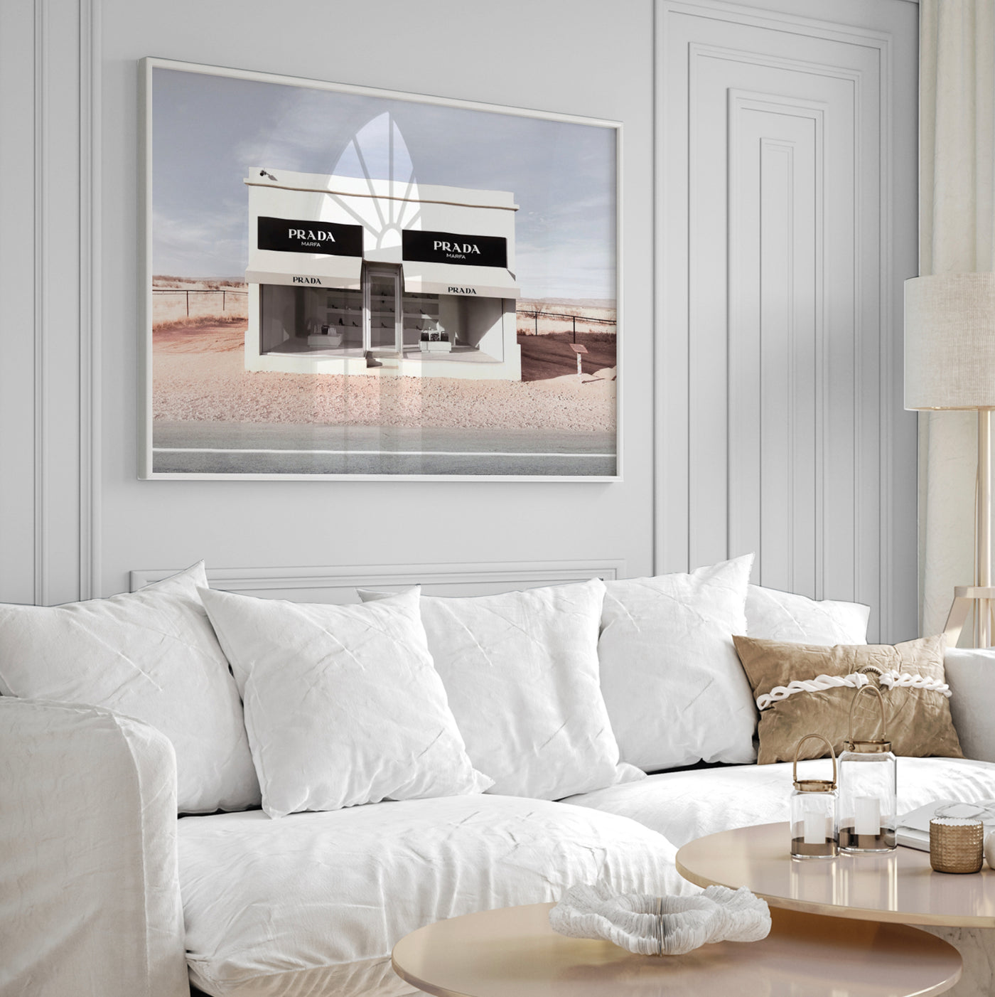 Marfa Store Texas in Blush - Art Print, Poster, Stretched Canvas or Framed Wall Art Prints, shown framed in a room