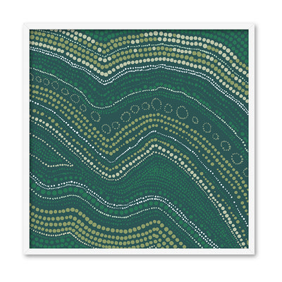 Bayi Wallan Heavy Rain Green - Square Art Print by Renee Molineaux, Poster, Stretched Canvas, or Framed Wall Art Print, shown in a white frame