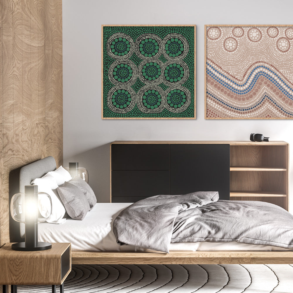 Wallan Rain Green - Square Art Print by Renee Molineaux, Poster, Stretched Canvas or Framed Wall Art, shown framed in a home interior space