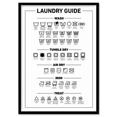 Laundry Guide | Care Symbols Chart - Art Print, Poster, Stretched Canvas, or Framed Wall Art Print, shown in a black frame