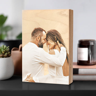 Custom Family Portrait on Wood Photo Block on a table showing side angle
