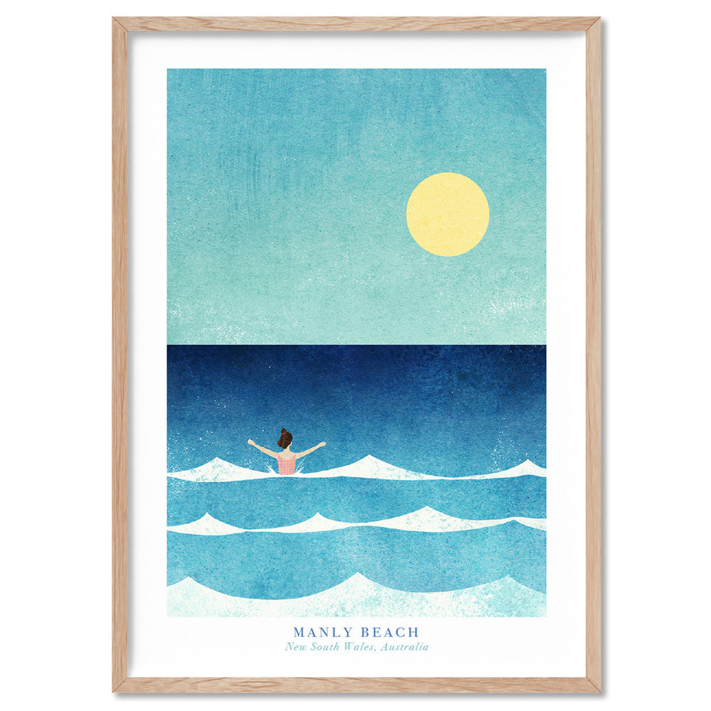 Manly Beach Illustration - Art Print by Henry Rivers, Poster, Stretched Canvas, or Framed Wall Art Print, shown in a natural timber frame
