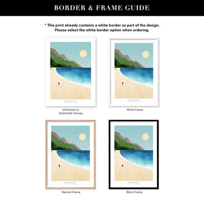 Waimea Bay Illustration - Art Print by Henry Rivers, Poster, Stretched Canvas or Framed Wall Art, Showing White , Black, Natural Frame Colours, No Frame (Unframed) or Stretched Canvas, and With or Without White Borders