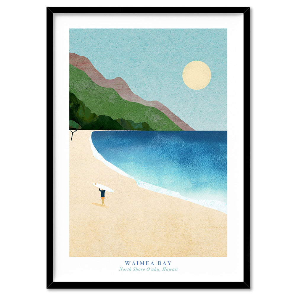 Waimea Bay Illustration - Art Print by Henry Rivers, Poster, Stretched Canvas, or Framed Wall Art Print, shown in a black frame