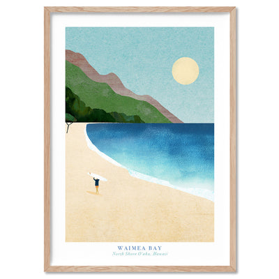 Waimea Bay Illustration - Art Print by Henry Rivers, Poster, Stretched Canvas, or Framed Wall Art Print, shown in a natural timber frame