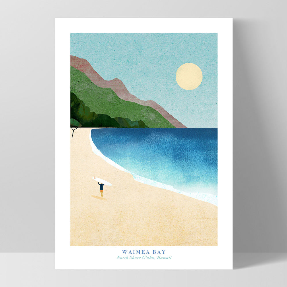 Waimea Bay Illustration - Art Print by Henry Rivers, Poster, Stretched Canvas, or Framed Wall Art Print, shown as a stretched canvas or poster without a frame