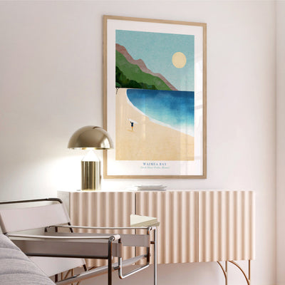 Waimea Bay Illustration - Art Print by Henry Rivers, Poster, Stretched Canvas or Framed Wall Art Prints, shown framed in a room