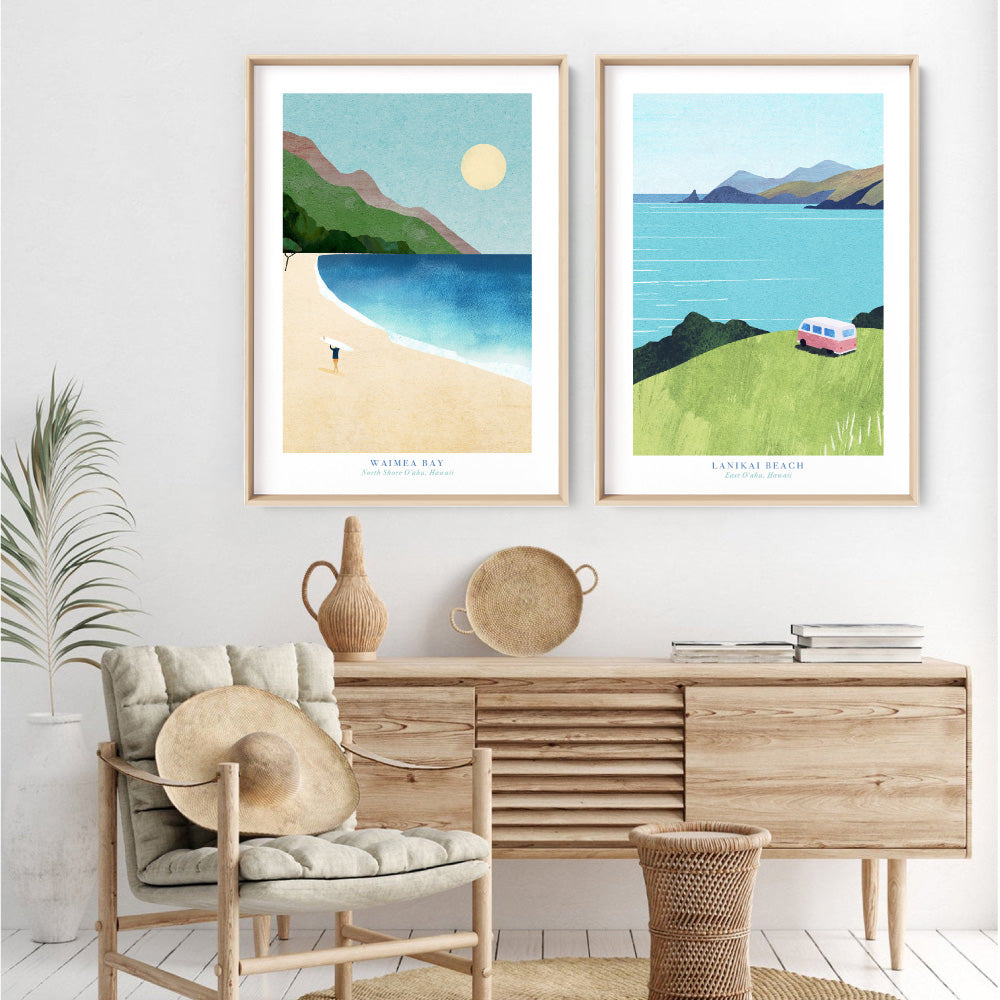 Waimea Bay Illustration - Art Print by Henry Rivers, Poster, Stretched Canvas or Framed Wall Art, shown framed in a home interior space