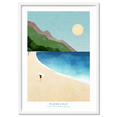 Waimea Bay Illustration - Art Print by Henry Rivers, Poster, Stretched Canvas, or Framed Wall Art Print, shown in a white frame