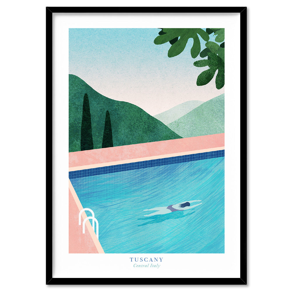 Pool in Tuscany Illustration - Art Print by Henry Rivers, Poster, Stretched Canvas, or Framed Wall Art Print, shown in a black frame