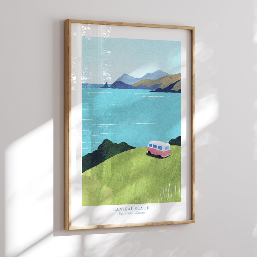 Lanikai Beach Illustration - Art Print by Henry Rivers, Poster, Stretched Canvas or Framed Wall Art Prints, shown framed in a room