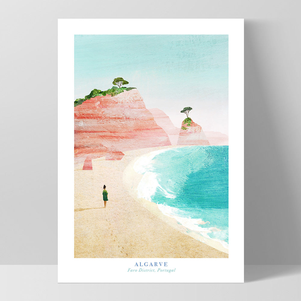 Algarve Beach Portugal Illustration - Art Print by Henry Rivers, Poster, Stretched Canvas, or Framed Wall Art Print, shown as a stretched canvas or poster without a frame