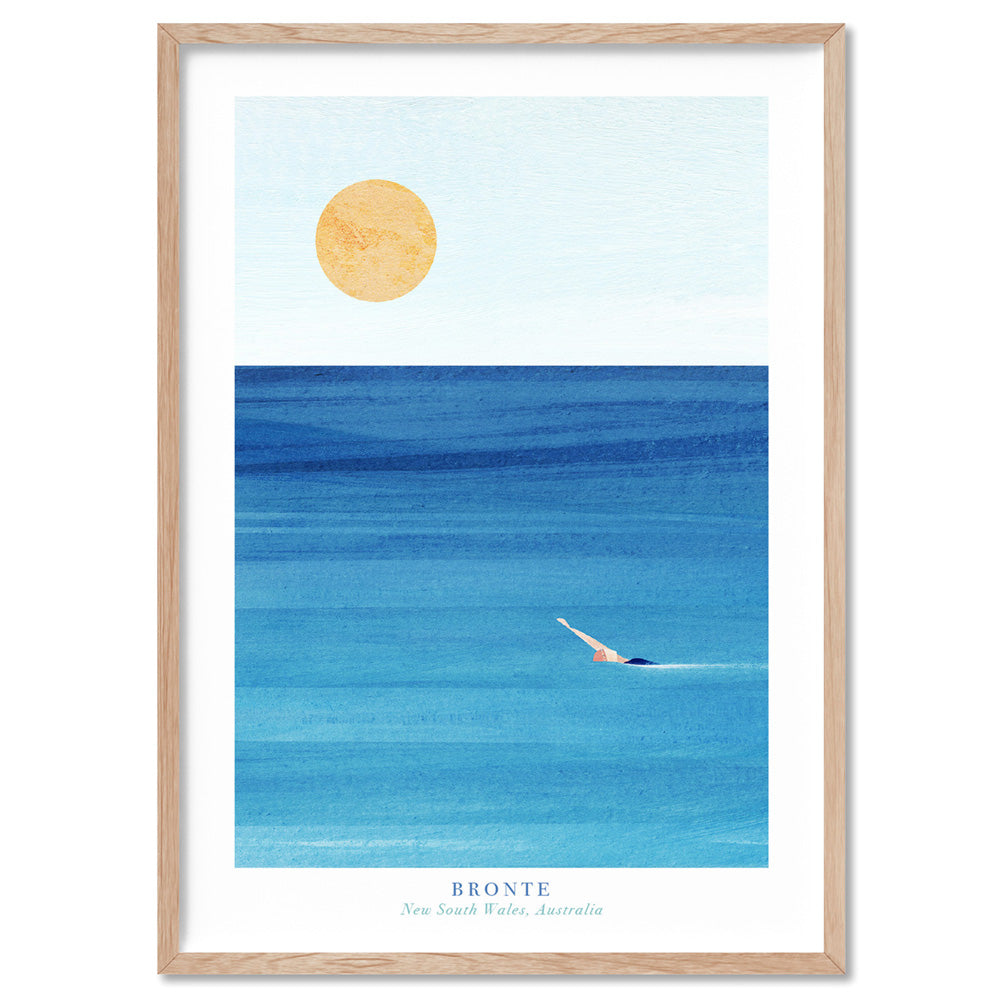 Bronte Beach Illustration - Art Print by Henry Rivers, Poster, Stretched Canvas, or Framed Wall Art Print, shown in a natural timber frame