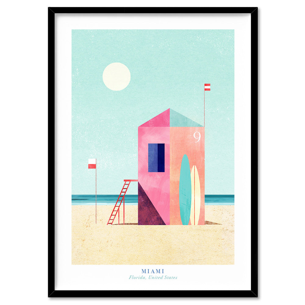 Miami Beach Illustration - Art Print by Henry Rivers, Poster, Stretched Canvas, or Framed Wall Art Print, shown in a black frame