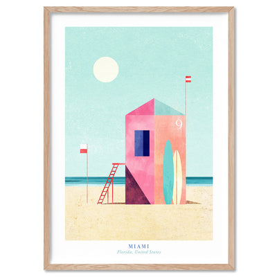 Miami Beach Illustration - Art Print by Henry Rivers, Poster, Stretched Canvas, or Framed Wall Art Print, shown in a natural timber frame