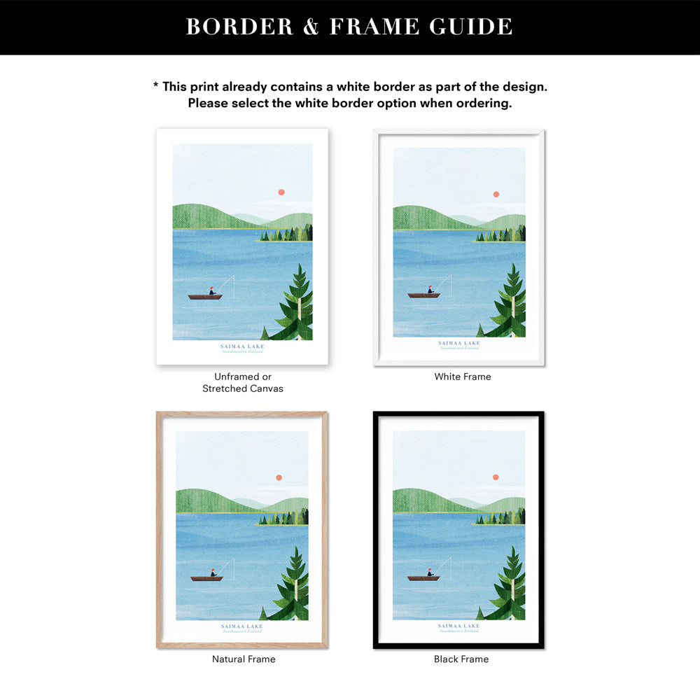 Saimaa Lake Fishing Illustration - Art Print by Henry Rivers, Poster, Stretched Canvas or Framed Wall Art, Showing White , Black, Natural Frame Colours, No Frame (Unframed) or Stretched Canvas, and With or Without White Borders