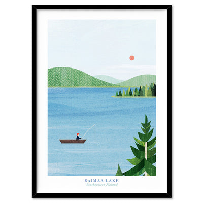 Saimaa Lake Fishing Illustration - Art Print by Henry Rivers, Poster, Stretched Canvas, or Framed Wall Art Print, shown in a black frame