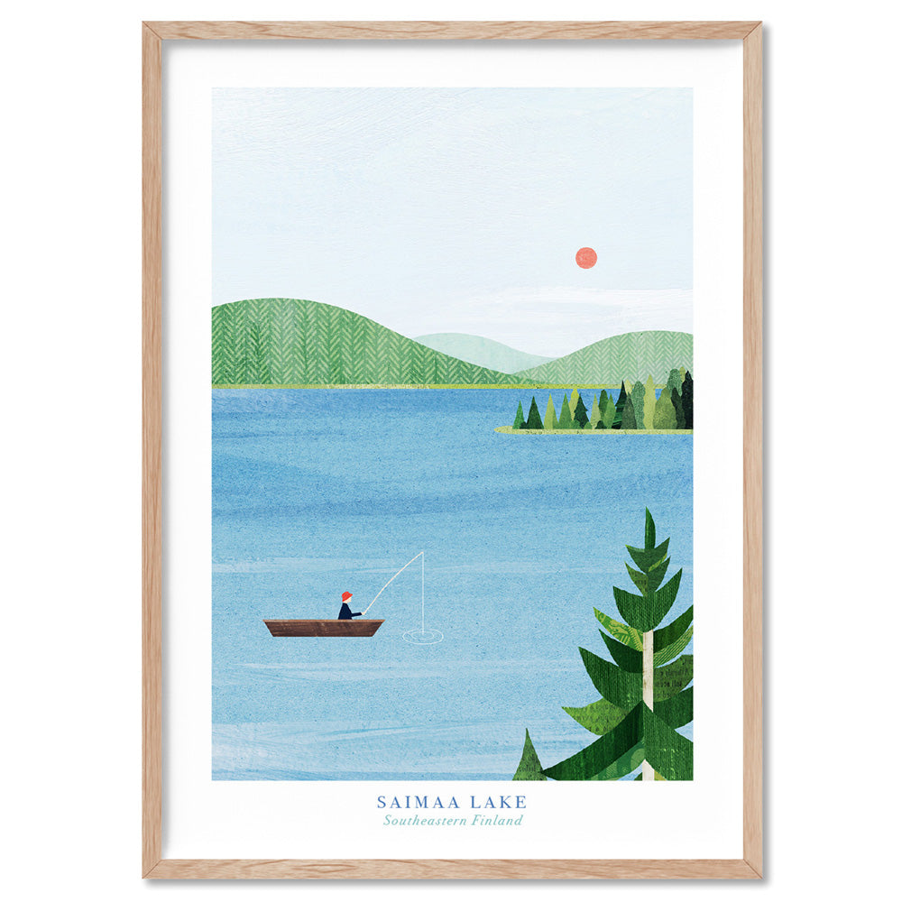 Saimaa Lake Fishing Illustration - Art Print by Henry Rivers, Poster, Stretched Canvas, or Framed Wall Art Print, shown in a natural timber frame