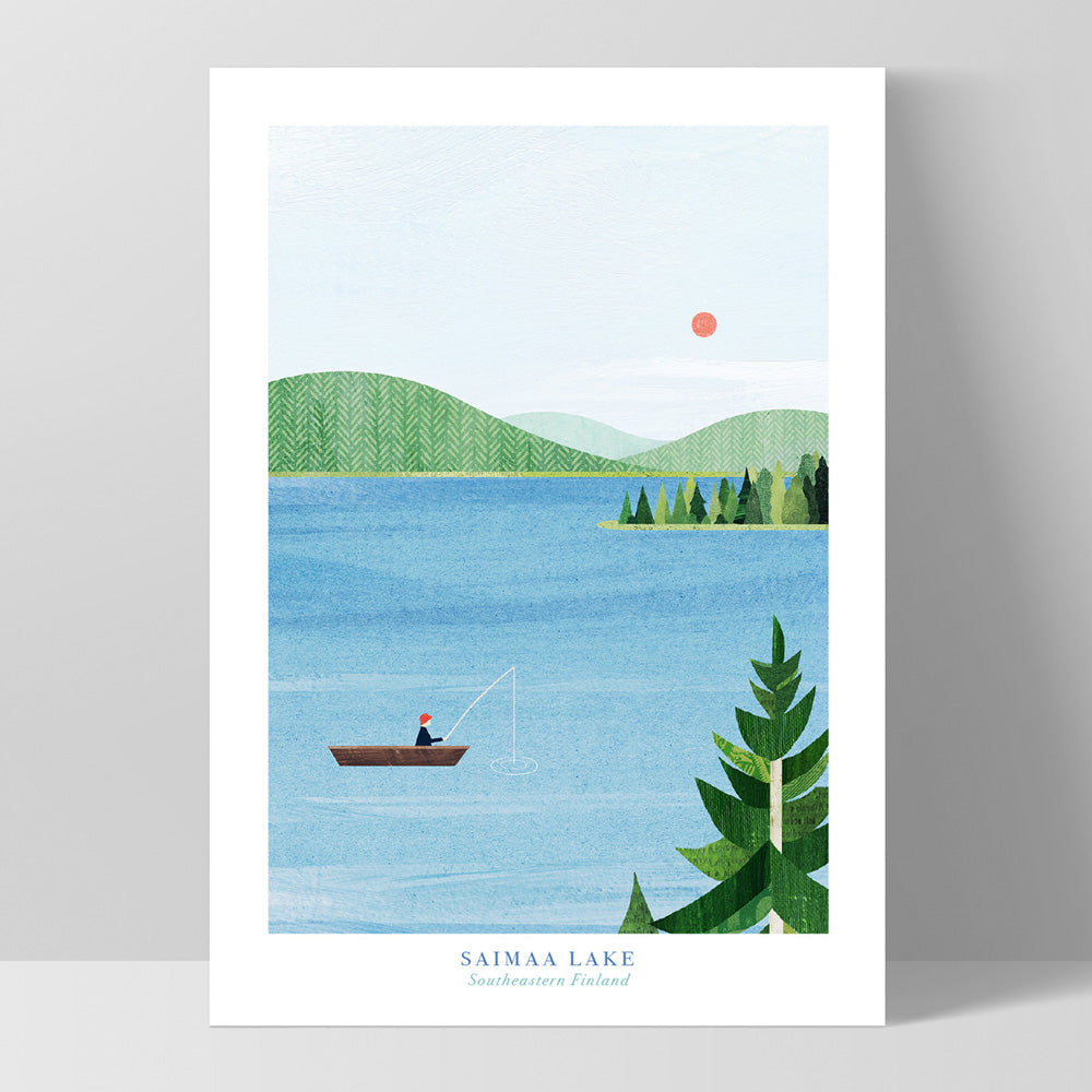 Saimaa Lake Fishing Illustration - Art Print by Henry Rivers, Poster, Stretched Canvas, or Framed Wall Art Print, shown as a stretched canvas or poster without a frame