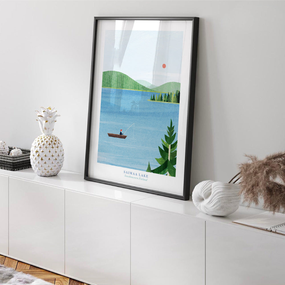 Saimaa Lake Fishing Illustration - Art Print by Henry Rivers, Poster, Stretched Canvas or Framed Wall Art Prints, shown framed in a room
