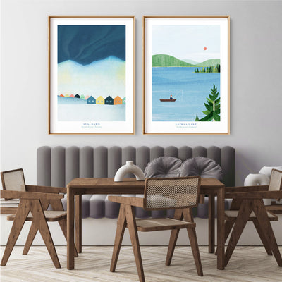 Saimaa Lake Fishing Illustration - Art Print by Henry Rivers, Poster, Stretched Canvas or Framed Wall Art, shown framed in a home interior space