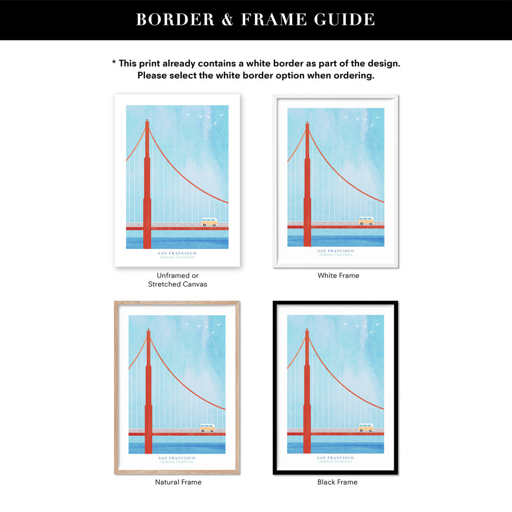 Golden Gate San Francisco Illustration - Art Print by Henry Rivers, Poster, Stretched Canvas or Framed Wall Art, Showing White , Black, Natural Frame Colours, No Frame (Unframed) or Stretched Canvas, and With or Without White Borders