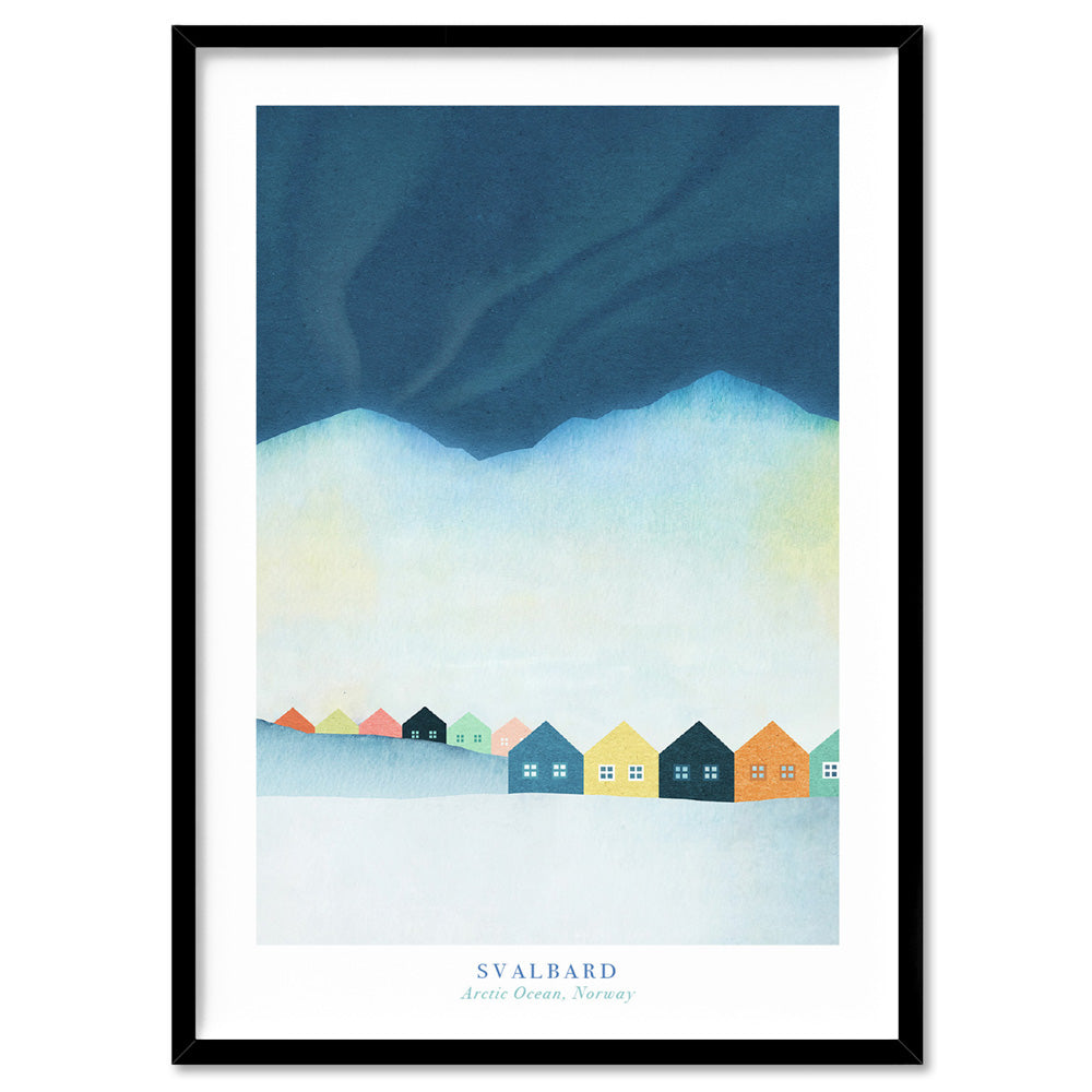 Svalbard Norway Illustration - Art Print by Henry Rivers, Poster, Stretched Canvas, or Framed Wall Art Print, shown in a black frame