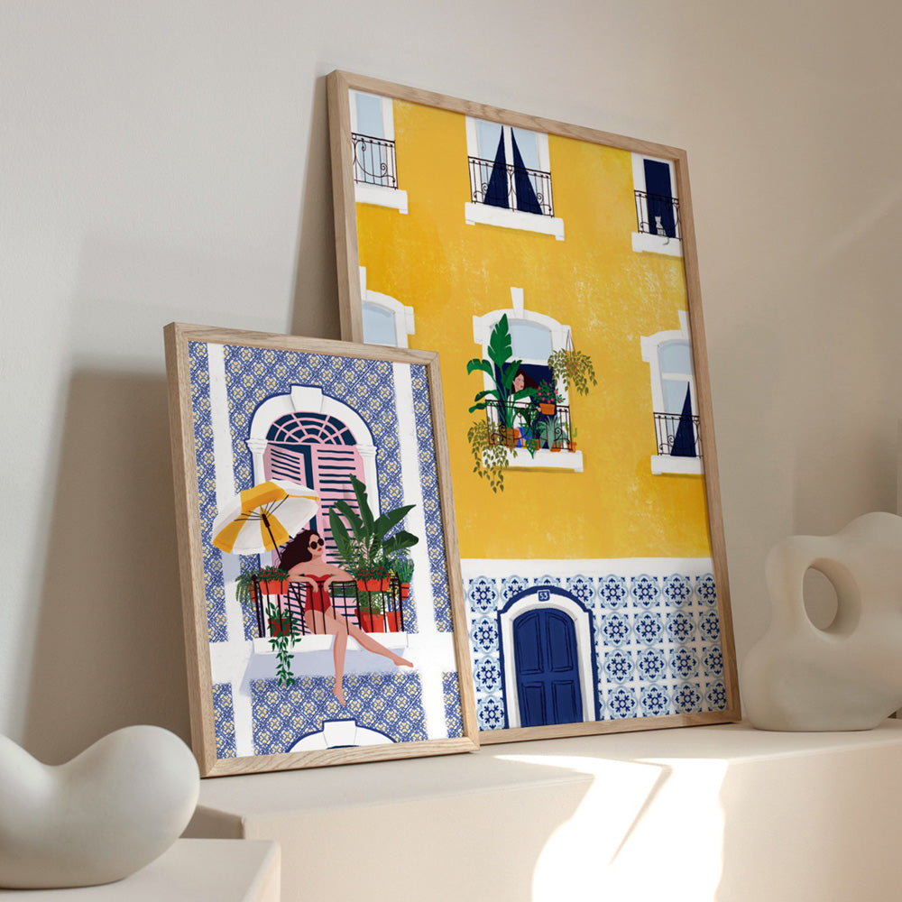 Holiday in Lisbon Illustration - Art Print by Maja Tomljanovic, Poster, Stretched Canvas or Framed Wall Art, shown framed in a home interior space