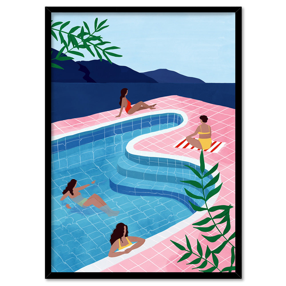 Poolside Chill Illustration - Art Print by Maja Tomljanovic, Poster, Stretched Canvas, or Framed Wall Art Print, shown in a black frame