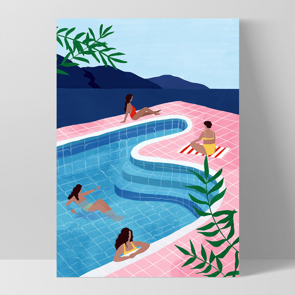 Poolside Chill Illustration - Art Print by Maja Tomljanovic, Poster, Stretched Canvas, or Framed Wall Art Print, shown as a stretched canvas or poster without a frame