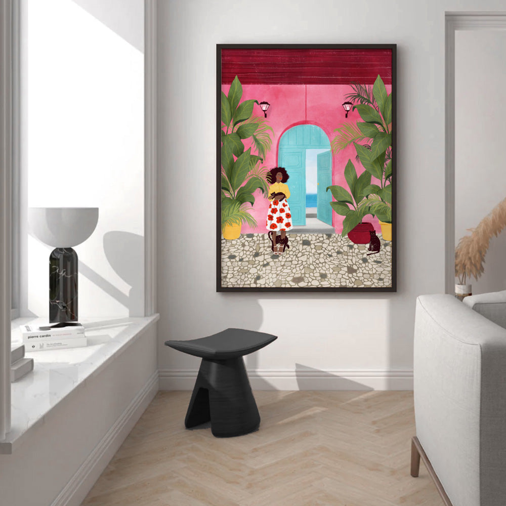 Cat Lady in Cartagena Illustration - Art Print by Maja Tomljanovic, Poster, Stretched Canvas or Framed Wall Art Prints, shown framed in a room