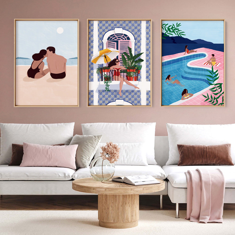 Beach Kiss Illustration - Art Print by Maja Tomljanovic, Poster, Stretched Canvas or Framed Wall Art, shown framed in a home interior space
