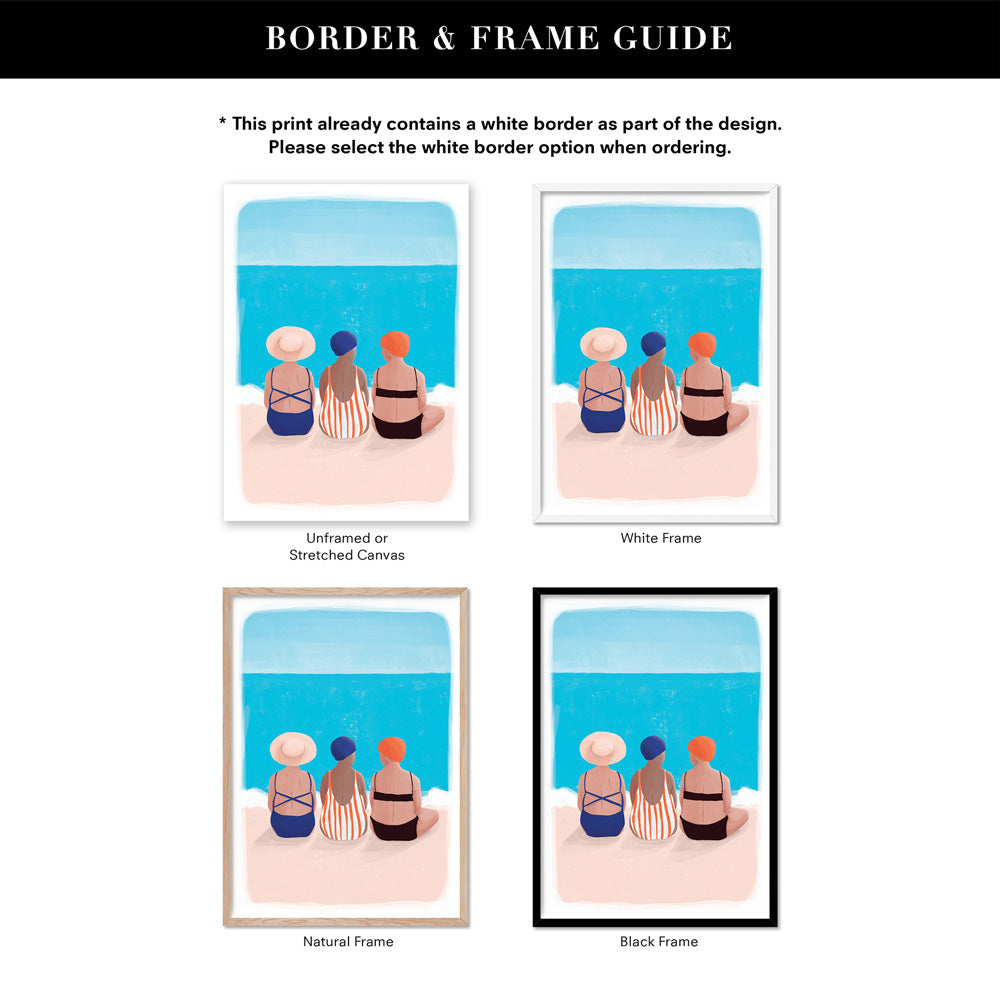 Bondi Beach Gang Illustration - Art Print by Maja Tomljanovic, Poster, Stretched Canvas or Framed Wall Art, Showing White , Black, Natural Frame Colours, No Frame (Unframed) or Stretched Canvas, and With or Without White Borders