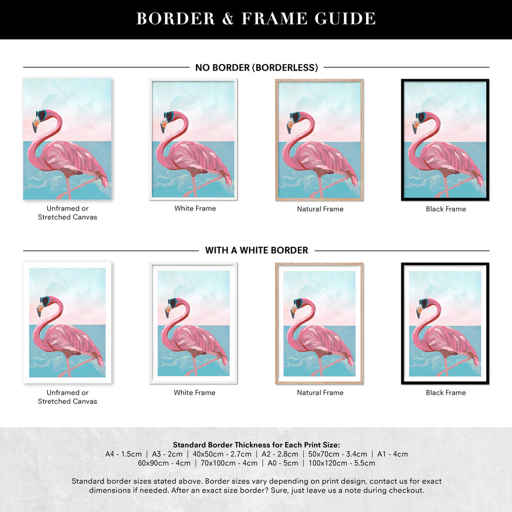 Flamingo Pop - Art Print, Poster, Stretched Canvas or Framed Wall Art, Showing White , Black, Natural Frame Colours, No Frame (Unframed) or Stretched Canvas, and With or Without White Borders