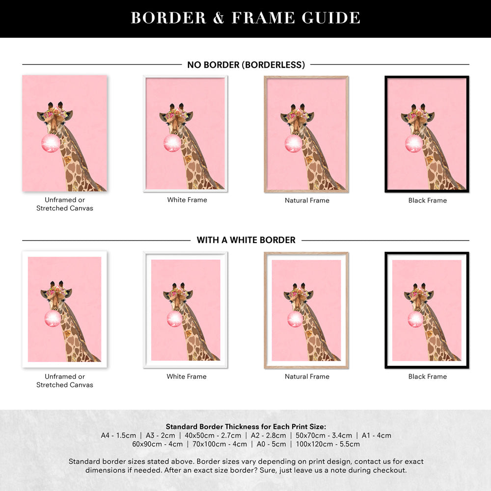 Giraffe Pop - Art Print, Poster, Stretched Canvas or Framed Wall Art, Showing White , Black, Natural Frame Colours, No Frame (Unframed) or Stretched Canvas, and With or Without White Borders