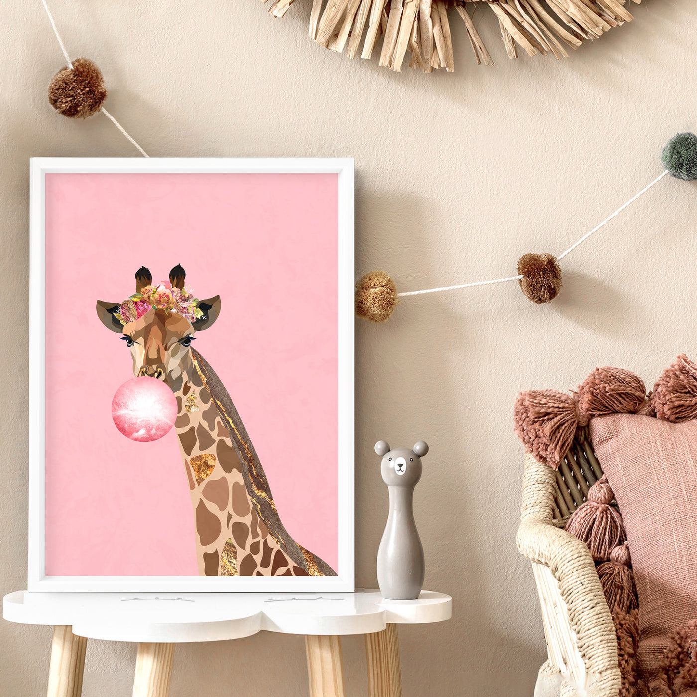 Giraffe Pop - Art Print, Poster, Stretched Canvas or Framed Wall Art Prints, shown framed in a room