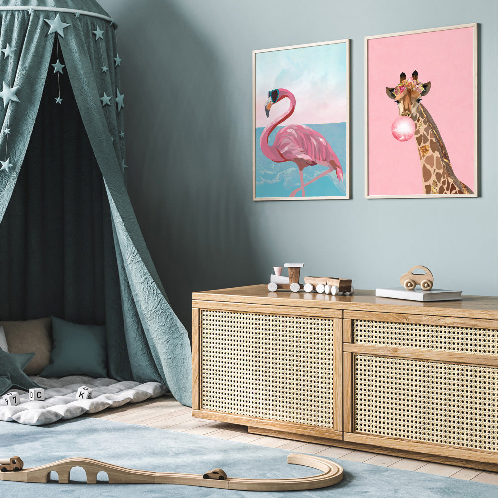 Giraffe Pop - Art Print, Poster, Stretched Canvas or Framed Wall Art, shown framed in a home interior space