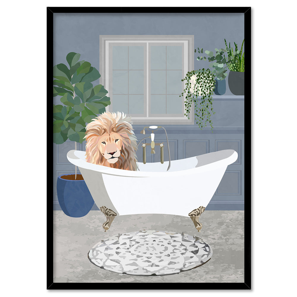 Lion in the Tub - Art Print, Poster, Stretched Canvas, or Framed Wall Art Print, shown in a black frame