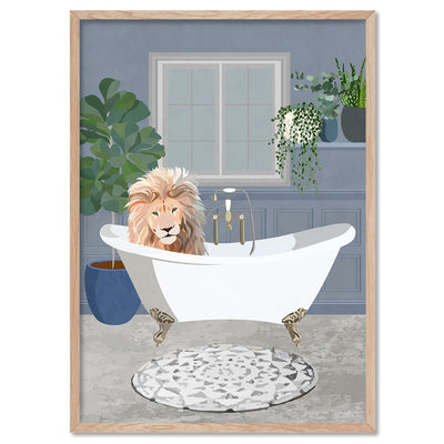 Lion in the Tub - Art Print, Poster, Stretched Canvas, or Framed Wall Art Print, shown in a natural timber frame