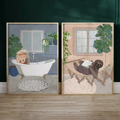 Lion in the Tub - Art Print, Poster, Stretched Canvas or Framed Wall Art, shown framed in a home interior space