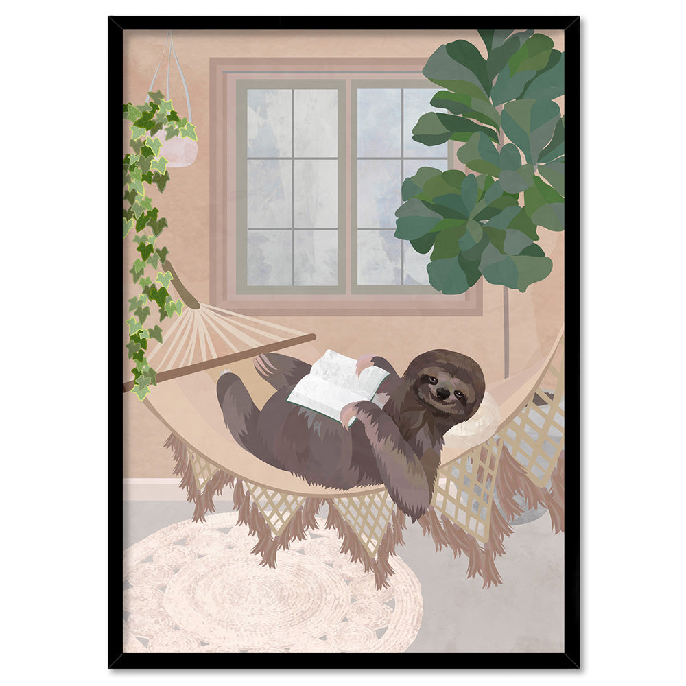 Sloth Chill Time - Art Print, Poster, Stretched Canvas, or Framed Wall Art Print, shown in a black frame
